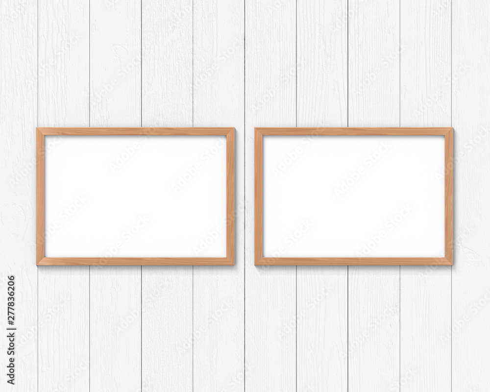 Poster set of 2 horizontal wooden frames mockup hanging on the wall. empty base for picture or text. 3d ren