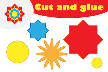 Mandala in cartoon style, education game for the development of preschool children, use scissors and glue to create the applique, cut parts of the image and glue on the paper, vector illustration