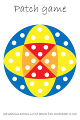 Education Patch game mandala for children to develop motor skills, use plasticine patches, buttons, colored paper or color the page, kids preschool activity, printable worksheet, vector illustration