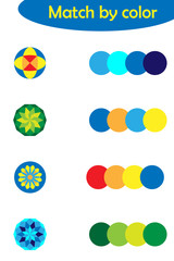 Matching game for children, connect colorful mandalas with same color palette, preschool worksheet activity for kids, task for the development of logical thinking, vector illustration