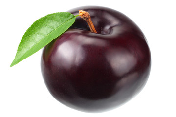 one plum fruit with green leaf isolated on white background.