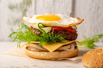Burger with beef and egg