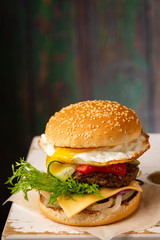 Burger with beef and egg close-u