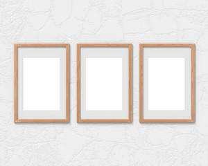 Set of 3 vertical wooden frames mockup with a border hanging on the wall. Empty base for picture or text. 3D rendering.