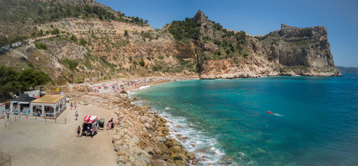Spanish Mediterranean coast in Alicante. Panoramic view of the Moraig beach in Benitachell