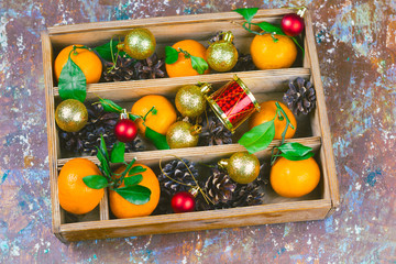 top view vintage christmas box with decorations