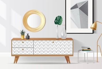 Wooden sideboard with plants and glass vase on it against white wall. Modern interior with tropical elements. Vector illustration