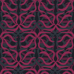 A seamless vector pattern with pink ornament on a dark background. Surface print design.
