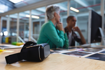 Virtual reality headset on a desk in office