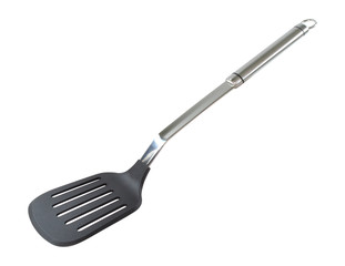 Stainless steel slotted cranked kitchen spatula isolated on white background.