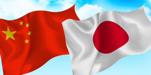 日本　中国　 空　 国旗