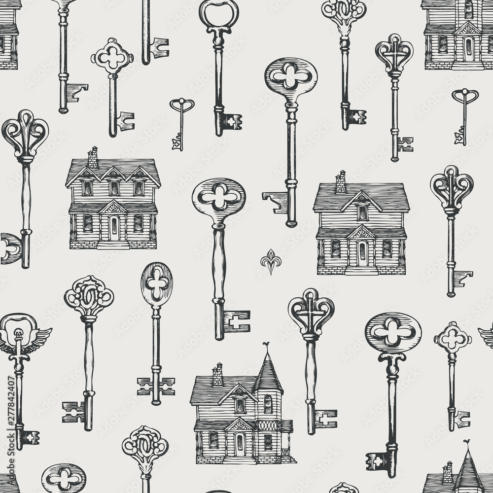 Poster vector seamless pattern with vintage keys and old houses in retro style. abstract background with bl