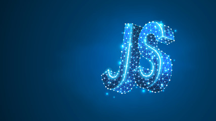 Java Script coding language text. Device, programming, developing concept. Abstract, digital, wireframe, low poly mesh, Raster blue neon 3d illustration. Triangle line dot star