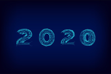 Happy New 2020 Year. Vector holiday illustration. Wireframe neon numbers 2020. New years 2020 form lines, wireframe, triangles and particle style design. New Year points and lines, polygonal.Vector
