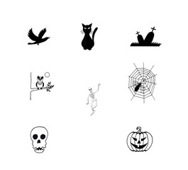 Hand-drawn black and white pictures Halloween symbols: pumpkin Jack, black cat, spider on the web, graves with crosses, funny skeleton, skull, owl on the branch, flying crow. Isolated on white.