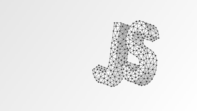 Java Script coding language text. Device, programming, developing concept. Abstract, digital, wireframe, low poly mesh, Raster white origami 3d illustration. Triangle line dot star