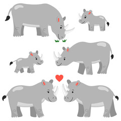 A set of cartoon rhinos characters. Isolated on white background. African animals. Rhinos family. Used for magazine, poster, stickers, children invitation, nursery.