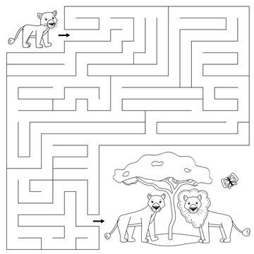 Coloring page for children. Educational maze game. Help the lion cub find right way to his family, mother and father. Vector cartoon characters.