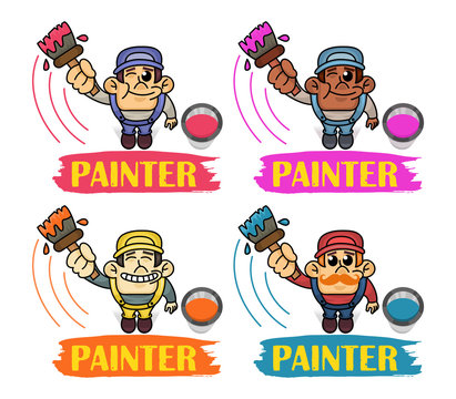 Vector Set of funny Interracial Painters in top view perspective. Man is holding paint roller in hand. Customer Service. Worker in uniform.