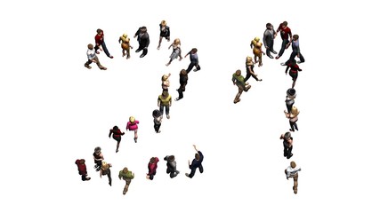 eople - arranged in number 21 - without shadow - isolated on white background