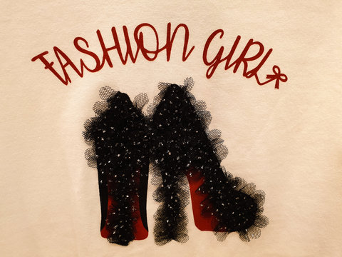 Hand crafted fashion art work with printing of fashion girl slogan and black high heels stitched with black lace and embellishments