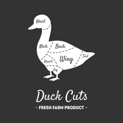 Duck Cuts, Fresh Farm Product, Poultry with Meat Cuts Lines, Butcher Shop Label, Vintage Black and White Vector Illustration