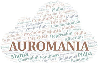 Auromania word cloud. Type of mania, made with text only.
