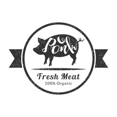 Organic Fresh Meat, Premium Quality Retro Cattle Logo Template, Badge with Pig for Butchery, Meat Shop, Packaging or Advertising Vector Illustration