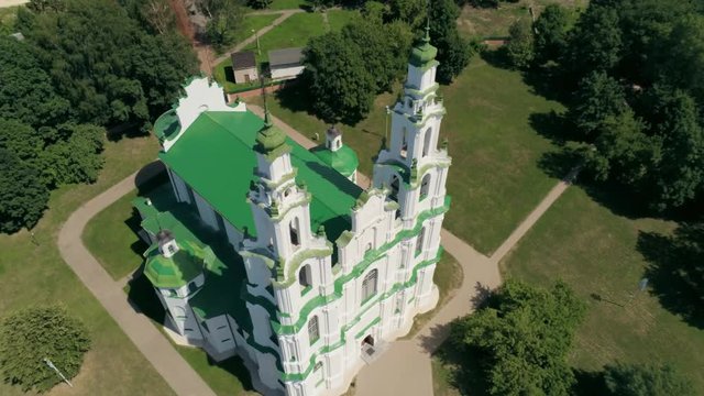Cathedral of Saint Sophia in Polotsk, Belarus, Europe (Aerial view of East Slavic Orthodox Religion Landmark) on Sunny Summer Day. 4K Drone Tilt Reveal Shot