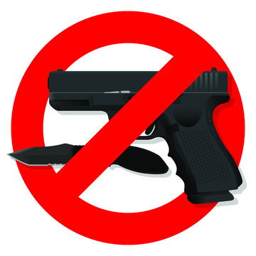 Red taboo, no gun symbol and knife, isolated on a white background. Stop symbol, warning rules, illustrations.