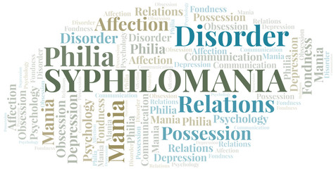 Syphilomania word cloud. Type of mania, made with text only.