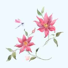 Obraz na płótnie Canvas Watercolor pink tropical vector flowers
