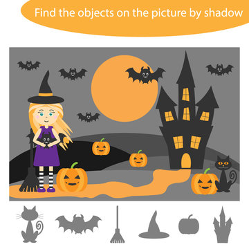 Find the objects by shadow, game with halloween image for children in cartoon, education game for kids, preschool worksheet activity, task for the development of logical thinking, vector illustration