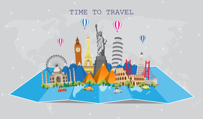 Travel to World. Road trip. Big set of famous landmarks of the world. Time to travel, tourism, summer holiday. Different types of journey. Flat design vector illustration
