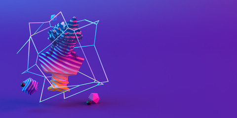 3d-illustration of an abstract composition of sculpture and primitive objects on violet background
