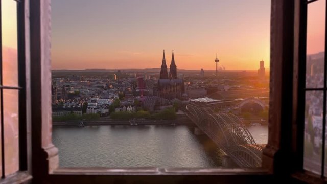 cologne city skyline timelapse from day to night aerial view