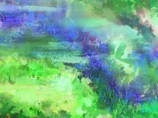 Green and blue abstract landscape. Oil painting modern texture.