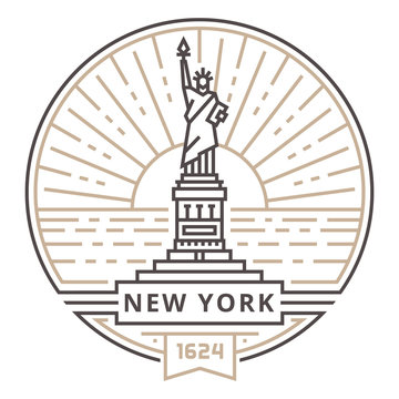Linear Statue of freedom in New York against the background of the sun in the form of an emblem
