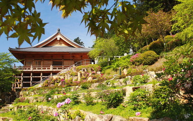 滋賀県大津市にある石山寺境内の牡丹園と光堂です