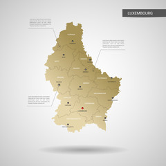 Stylized vector Luxembourg map.  Infographic 3d gold map illustration with cities, borders, capital, administrative divisions and pointer marks, shadow; gradient background. 
