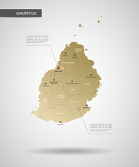 Stylized vector Mauritius map.  Infographic 3d gold map illustration with cities, borders, capital, administrative divisions and pointer marks, shadow; gradient background. 