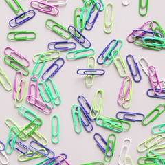 Elevated view of many colorful paper clips