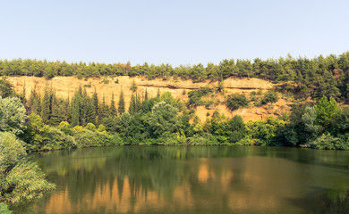 Forest lake and mountain scenery in Thermi's dam, Greece