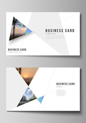 The minimalistic abstract vector layout of two creative business cards design templates. Creative modern background with blue triangles and triangular shapes. Simple design decoration.