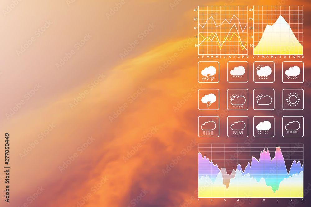 Wall mural weather forecast symbol data presentation with graph and char of twilight sky background. dramatic a