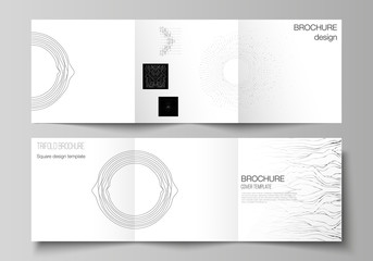 Minimal vector editable layout of square format covers design templates for trifold brochure, flyer, magazine. Trendy modern science or technology background with dynamic particles. Cyberspace grid.