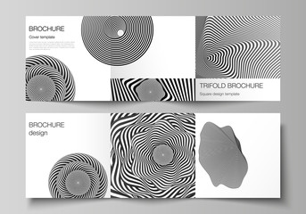 Minimal vector editable layout of square format covers design templates for trifold brochure, flyer, magazine. Abstract 3D geometrical background with optical illusion black and white design pattern.