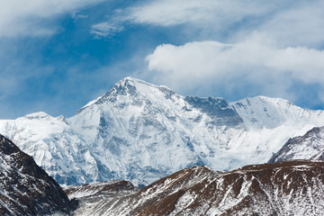 Everest trekking. In the frame of the Gokyo Valley and Cho Oyu Mountain. Nepal