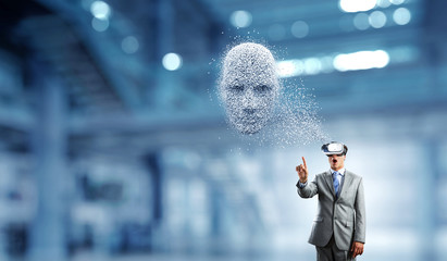 Digital head, artificial intelligence and virtual reality. Mixed media