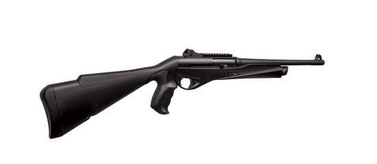 Modern black shotgun isolate on white background. Black semi-automatic shotgun on a light background.